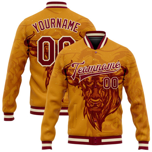 FUNSTUFFPRINT Custom Gold Maroon-Cream Angry Bull 3D Pattern Design Bomber Full-Snap Varsity Letterman Jacket 3D Baseball Jacket