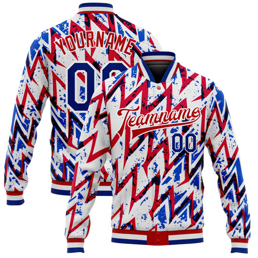 FUNSTUFFPRINT Custom White Royal-Red 3D Pattern Design Bomber Full-Snap Varsity Letterman Jacket 3D Baseball Jacket