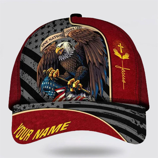 FUNSTUFFPRINT One Nation Under God Eagle Custom Name Classic Hat All Over Print - Christian Hats for Men and Women
