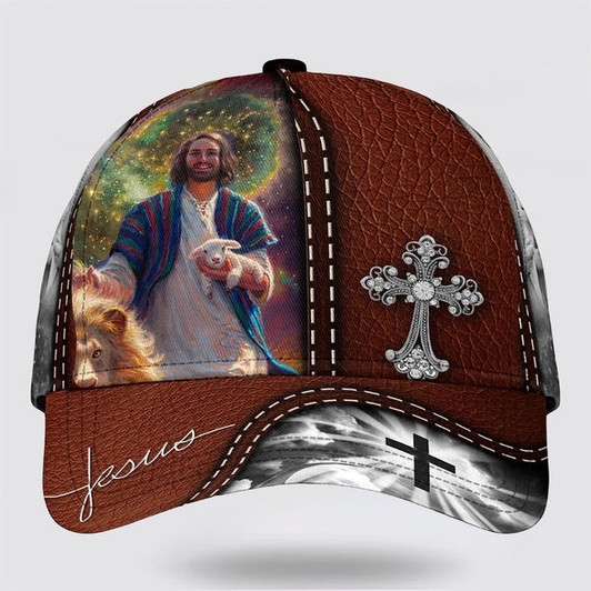 FUNSTUFFPRINT Jesus Lion With Lamb Cross Baseball Cap - Christian Hats for Men and Women