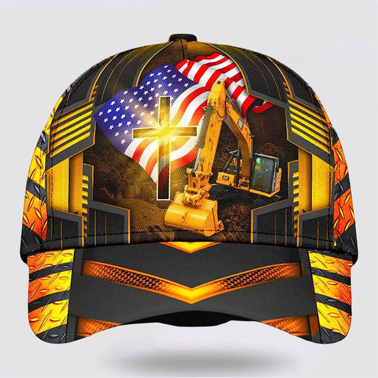 FUNSTUFFPRINT Jesus American Flag Excavator Baseball Cap - Christian Hats for Men and Women
