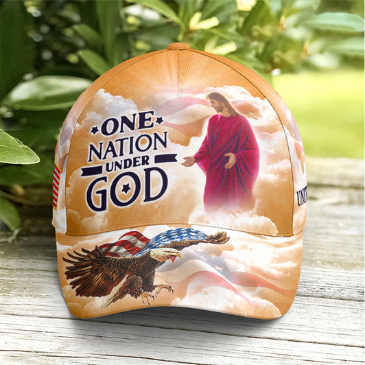 FUNSTUFFPRINT One Nation Under God Baseball Cap For Jesus Lovers Drawing Vector Style Yellow