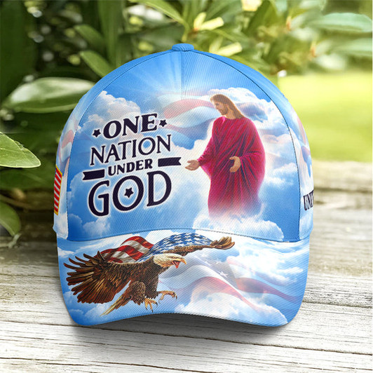 FUNSTUFFPRINT One Nation Under God Baseball Cap For Jesus Lovers Drawing Vector Style Blue