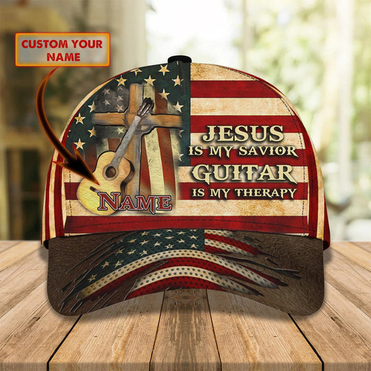 FUNSTUFFPRINT Jesus Is My Savivor Guitar Is My Therapy Personalized Name Cap For Guitar Man - Jesus Guitar Cap Hat
