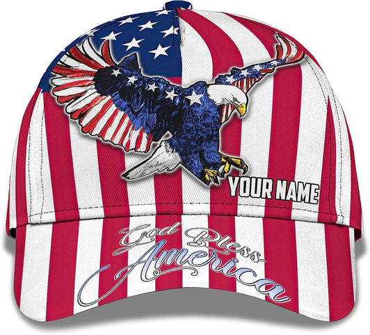 FUNSTUFFPRINT Us Eagle With American Flag God Bless America Custom Name All Over Print Baseball Cap - Christian Hats For Men Women