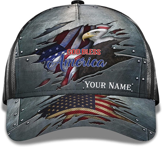 FUNSTUFFPRINT Unisex God Bless America Bald Eagle Custom Name All Over Print Baseball Cap - Christian Hats For Men Women