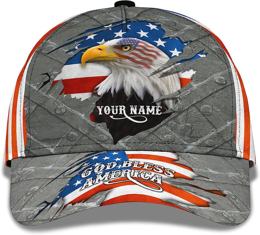 FUNSTUFFPRINT Patriotic God Blessed America Eagle American Flag Custom Name All Over Print Baseball Cap - Christian Hats For Men Women
