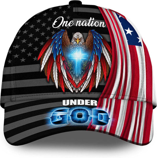 FUNSTUFFPRINT One Nation Under God Eagle Cross Patriots All Over Print Baseball Cap - Christian Hats For Men Women