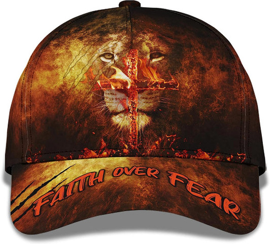 FUNSTUFFPRINT Lion With Christian Cross On Fire Faith Over Fear All Over Print Baseball Cap - Christian Hats For Men Women