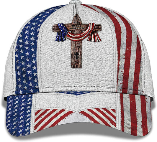 FUNSTUFFPRINT God Bless American Flag On Cross All Over Print Baseball Cap - Christian Hats For Men Women