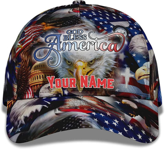 FUNSTUFFPRINT God Bless America Bald Eagles America Flag Custom Name All Over Print Baseball Cap - Christian Hats For Men Women