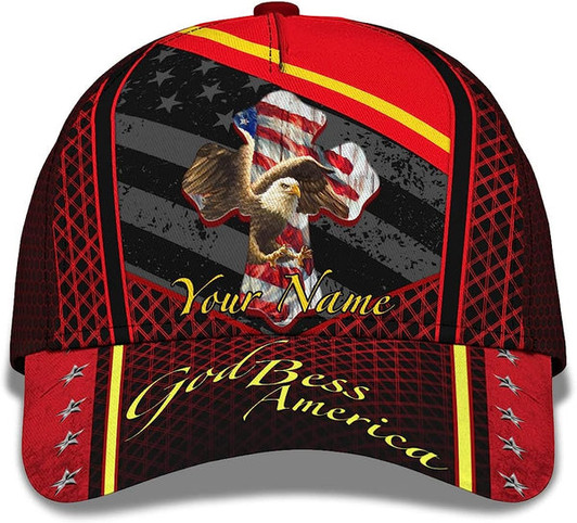 FUNSTUFFPRINT God Bless America Bald Eagle America Flag Custom Name All Over Print Baseball Cap - Christian Hats For Men Women