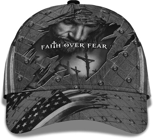 FUNSTUFFPRINT Faith Over Fear God With Cross And American Flag All Over Print Baseball Cap - Christian Hats For Men Women