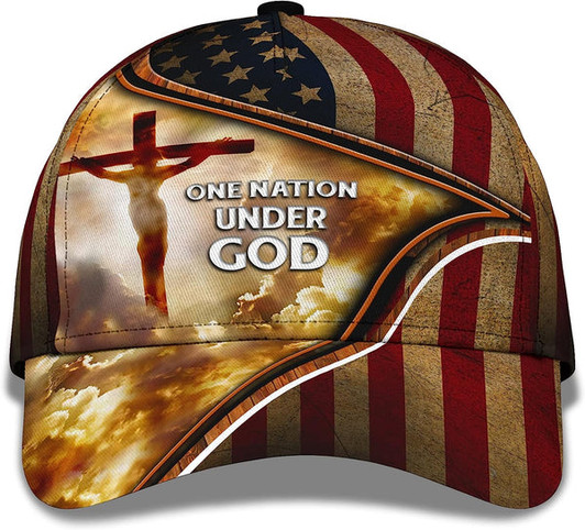 FUNSTUFFPRINT Cross One Nation Under God American Flag Custom Name All Over Print Baseball Cap - Christian Hats For Men Women