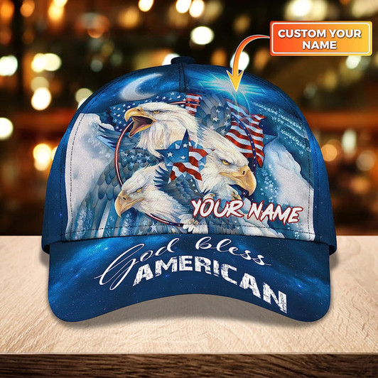FUNSTUFFPRINT Bald Eagle God Bless America Flag Custom Name All Over Print Baseball Cap - Christian Hats For Men Women
