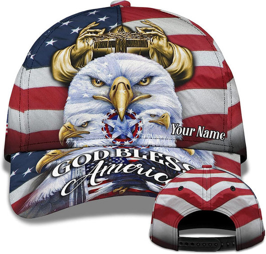 FUNSTUFFPRINT America Eagle Bird With Usa Flag God Bless America Custom Name All Over Print Baseball Cap - Christian Hats For Men Women