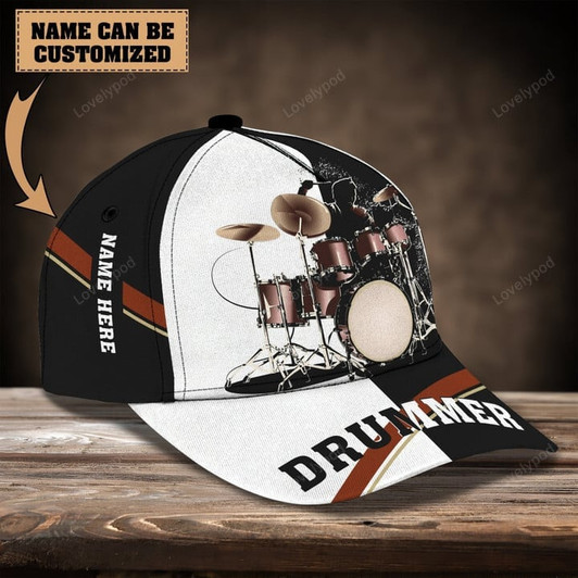 FUNSTUFFPRINT  Personalized Name Drum 11 Black and white Classic Cap, Drum hat for men and women