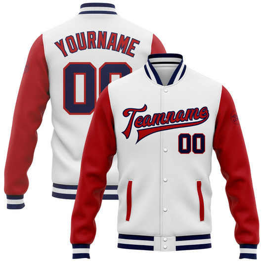 FUNSTUFFPRINT Custom White Navy-Red Bomber Full-Snap Varsity Letterman Two Tone Jacket 3D Baseball Jacket