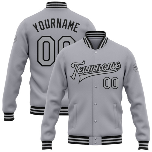 FUNSTUFFPRINT Custom Gray Black Bomber Full-Snap Varsity Letterman Jacket 3D Baseball Jacket
