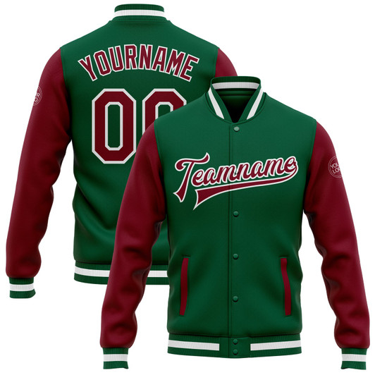 FUNSTUFFPRINT Custom Kelly Green Crimson-White Bomber Full-Snap Varsity Letterman Two Tone Jacket 3D Baseball Jacket