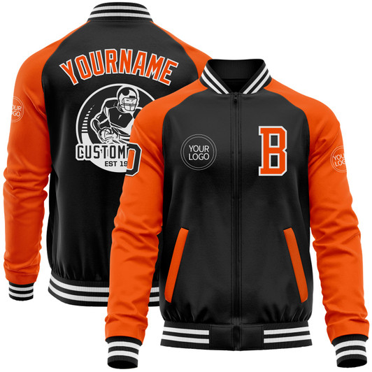 FUNSTUFFPRINT Custom Black Orange-White Bomber Varsity Letterman Two Tone Zipper Jacket 3D Baseball Jacket