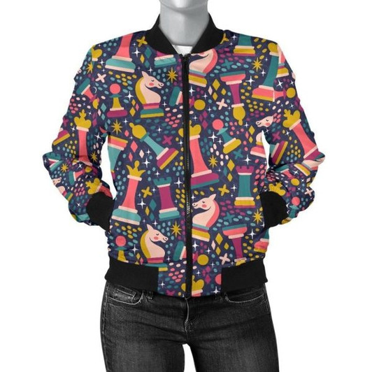 FUNSTUFFPRINT Chess Colorful Pattern Print Women Casual Bomber Jacket 3D Bomber Jacket