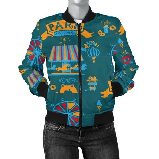 FUNSTUFFPRINT Circus Amusement Park Pattern Print Women Casual Bomber Jacket 3D Bomber Jacket