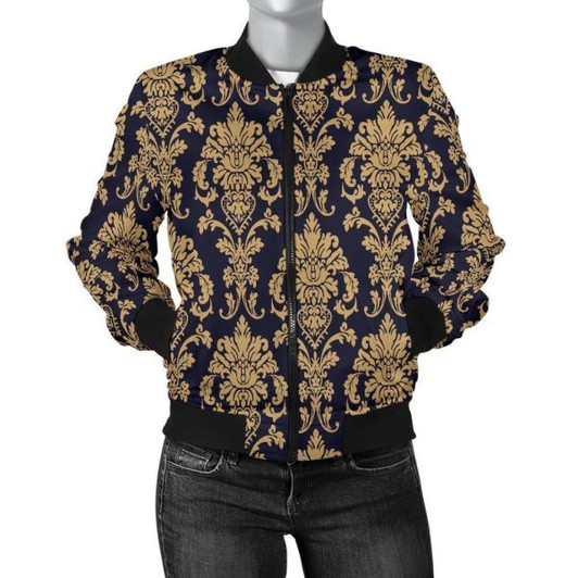 FUNSTUFFPRINT Damask Gold Print Pattern Women Casual Bomber Jacket 3D Bomber Jacket