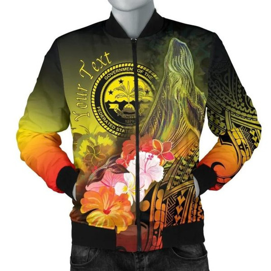 FUNSTUFFPRINT Federated States of Micronesia Custom Personalised Men’s Bomber Jackets – Humpback Whale with Tropical Flowers (Yellow) 3D Bomber Jacket