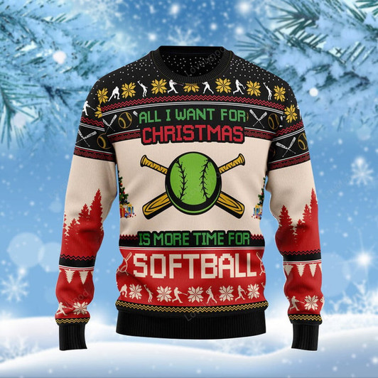 FUNSTUFFPRINT All I Want For Christmas Is Softball Funny Ugly Christmas Sweater For Men & Women Adult Ugly Sweater