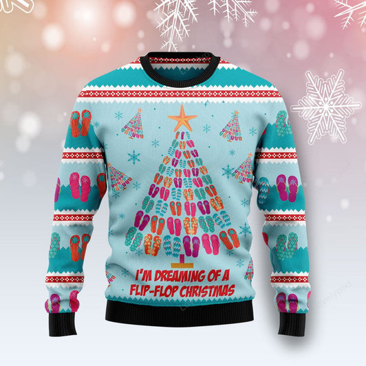 FUNSTUFFPRINT Flip-flops Christmas Tree Ugly Christmas Sweater for men and women  Ugly Sweater
