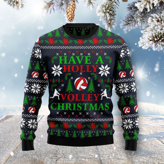 FUNSTUFFPRINT Holly Volley Volleyball Christmas Ugly Christmas Sweater For Men & Women, Adult  Ugly Sweater