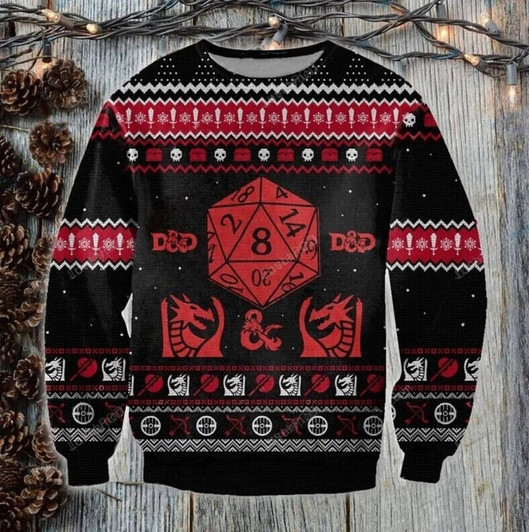 FUNSTUFFPRINT D20 Dungeons & Dragons Ugly Knitted Christmas Sweatshirt, Xmas Sweater  Ugly Sweater