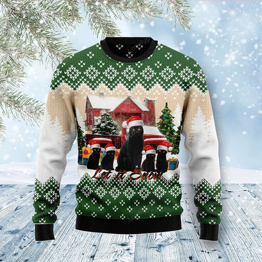 FUNSTUFFPRINT Black Cat Let It Snow 3D Ugly Meowy Christmas 3D Sweater for men and women  Ugly Sweater