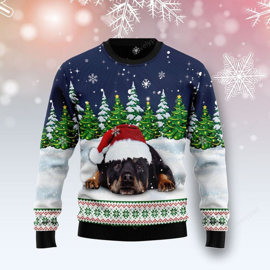 FUNSTUFFPRINT  Dreaming Rottweiler Under Snow Ugly Christmas Sweater For Men & Women Ugly Sweater