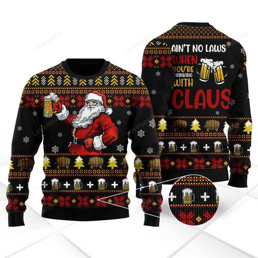 FUNSTUFFPRINT Drinking With Claus Ugly Christmas Sweater For Men & Women Ugly Sweater