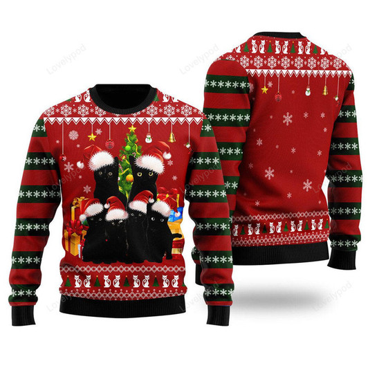 FUNSTUFFPRINT Black Cat Family Christmas Ugly Christmas Sweater, Christmas shirt, Gift for cat lover Ugly Sweater