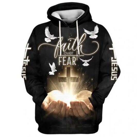 FUNSTUFFPRINT Faith Over Fear Jesus Gods Hand Christian Cross  3D Hoodie and Zip Hoodie