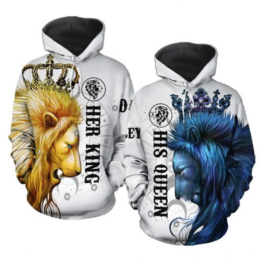 FUNSTUFFPRINT Personalized Lion Couple 3D All Over Hoodie His Queen Her King   3D Hoodie and Zip Hoodie