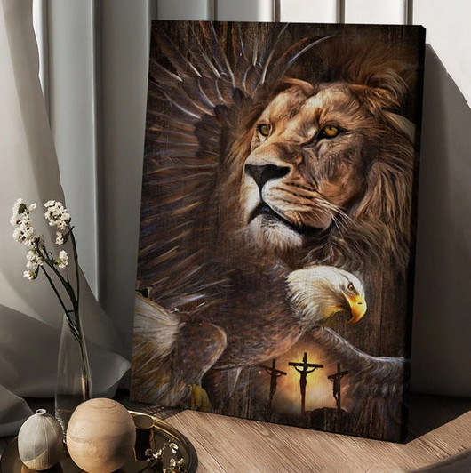 Lion Of Judah Eagle Drawing King Of Kings Jesus Cross Canvas Wall Art - Christian Wall Posters - Religious Wall Decor