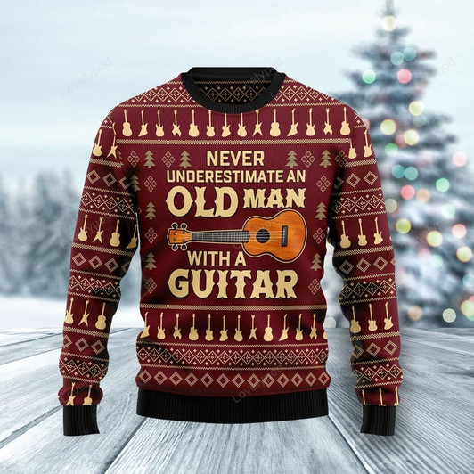 FUNSTUFFPRINT Never Underestimate An Old Man With A Guitar Ugly Christmas Sweater Ugly Sweater