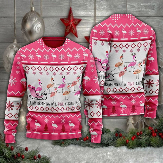 FUNSTUFFPRINT Pink Christmas Flamingo Santan Ugly Christmas Sweater For Men, women, Adult Ugly Sweater