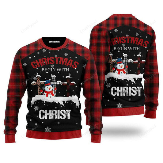 FUNSTUFFPRINT Christmas begins with christ snowman and cross Ugly Christmas Sweater For Men, women, Adult Ugly Sweater