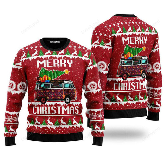 FUNSTUFFPRINT Hippie Car Merry Christmas Ugly Christmas Sweater For Men, women, Adult Ugly Sweater