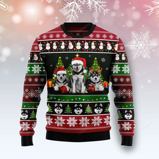 FUNSTUFFPRINT Siberian Husky Group Beauty Ugly Christmas Sweater Ugly Sweater