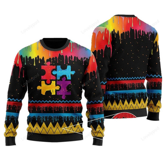 FUNSTUFFPRINT Autism Awareness Colorful Water 3D Ugly Christmas Sweater For Men & Women Adult Ugly Sweater