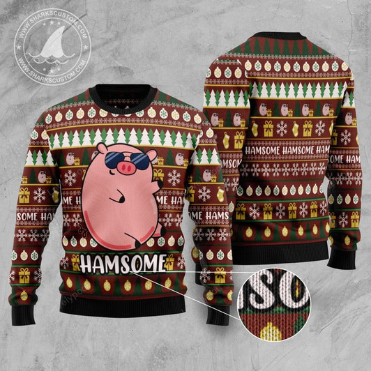 FUNSTUFFPRINT Hamsome Cute Pig Ugly Christmas Sweater for men and women Ugly Sweater