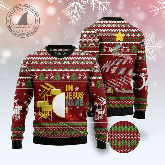 FUNSTUFFPRINT Drum I Play Ugly Christmas Sweater for men and women, Gift for drum lover Ugly Sweater