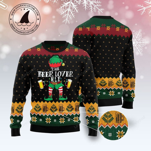 FUNSTUFFPRINT The Beer Lover Elf Ugly Christmas Sweater for men and women, Gift for beer lover Ugly Sweater