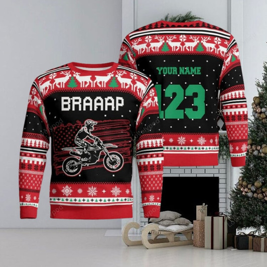 FUNSTUFFPRINT Custom  Christmas Motocross Rider Ugly Christmas Sweater for Men and Women, Gift for biker Motocross lover Ugly Sweater